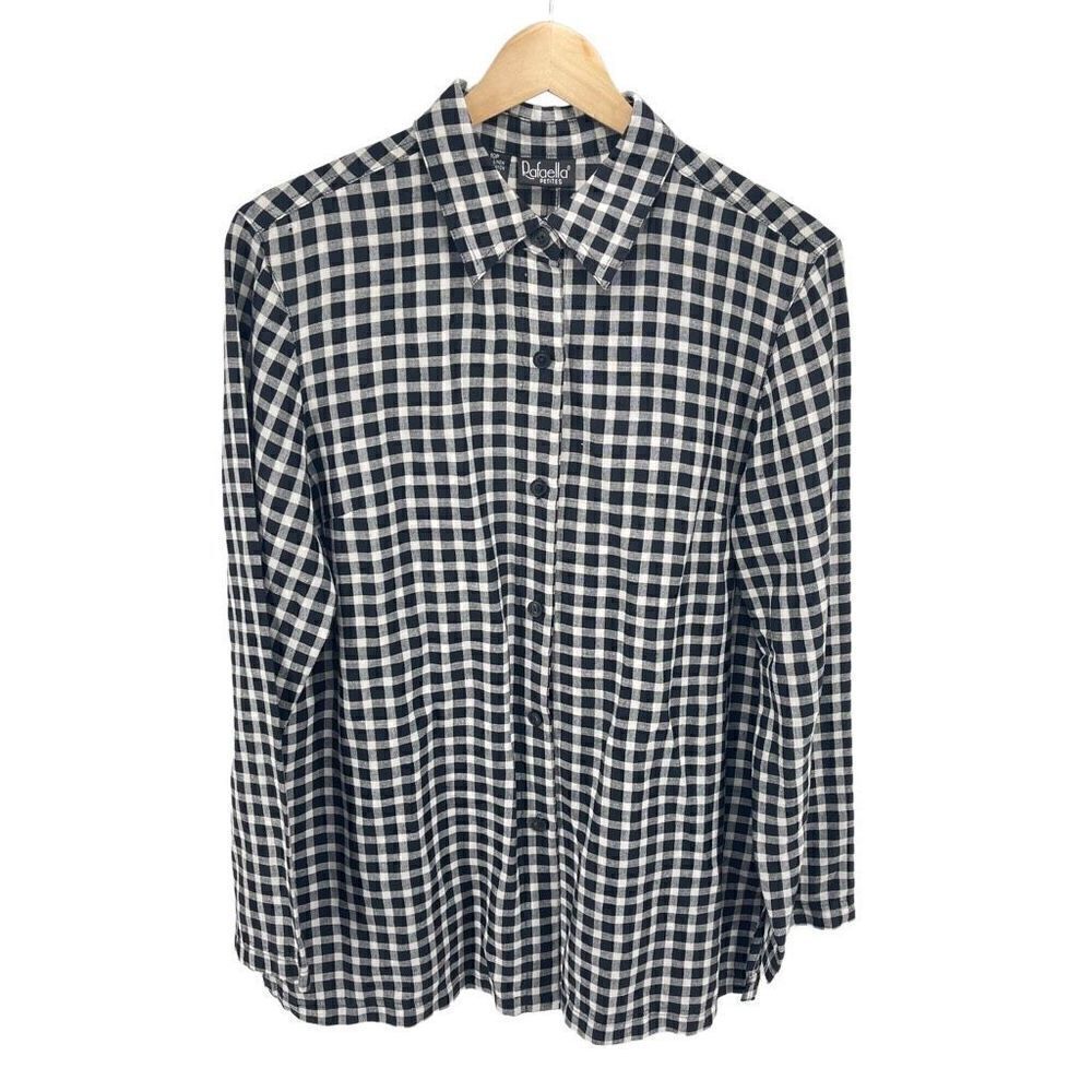 Rafaella Womens Button Down Shirt Check Linen Blend Long Sleeve Black Petite 10P